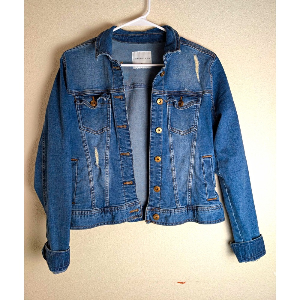 Celebrity Pink Womens M Distressed Denim Jacket Stretch Blue Trucker Y2K